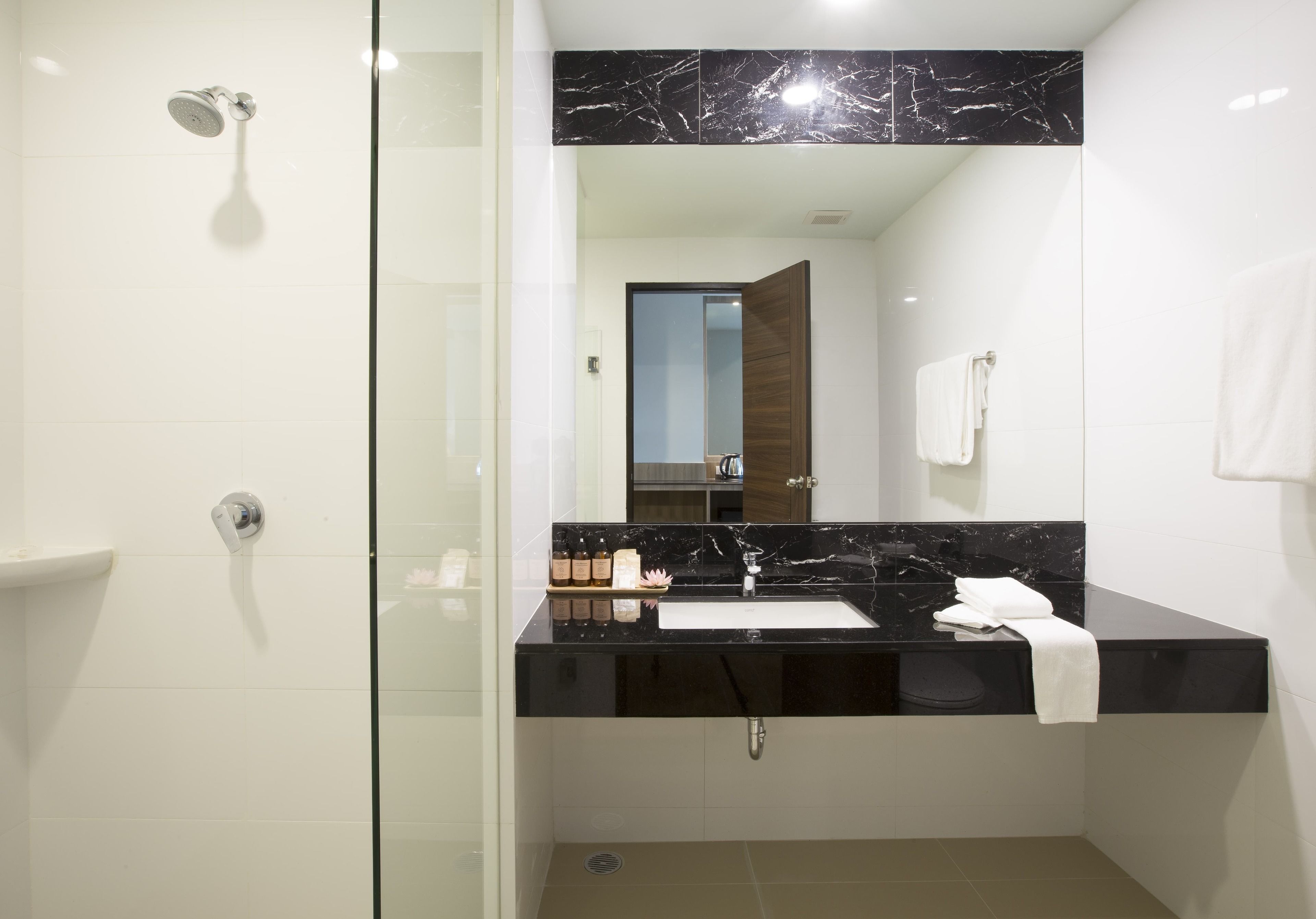 A modern bathroom with a glass shower enclosure, a black marble countertop, and a large mirror.