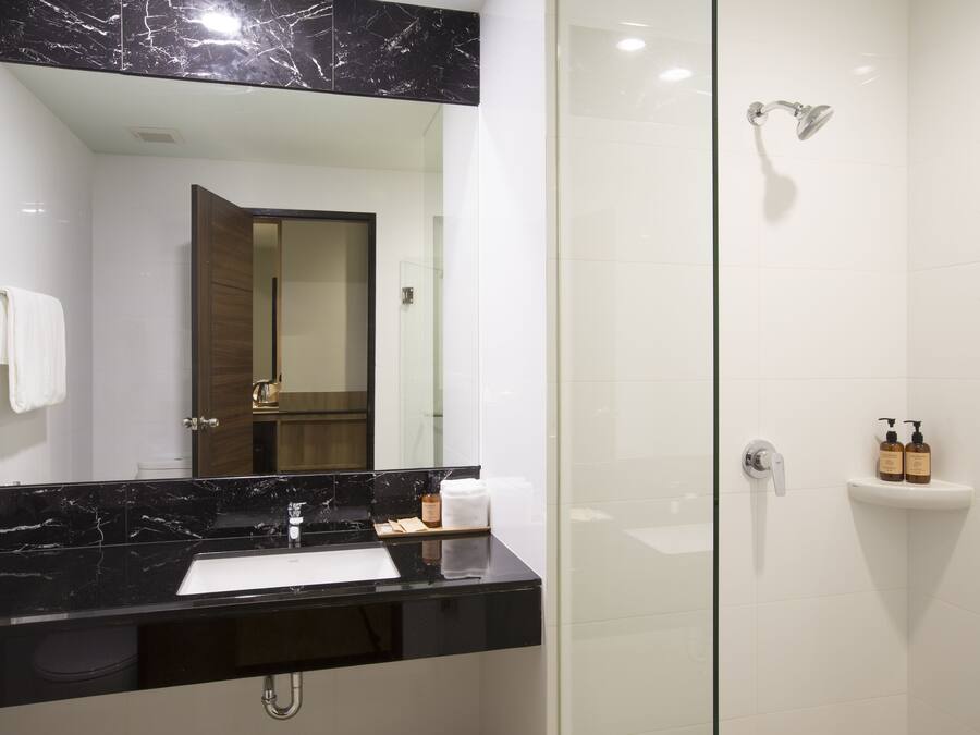 Un baño moderno con encimera de mármol negro, cabina de ducha de vidrio y lavabo blanco.