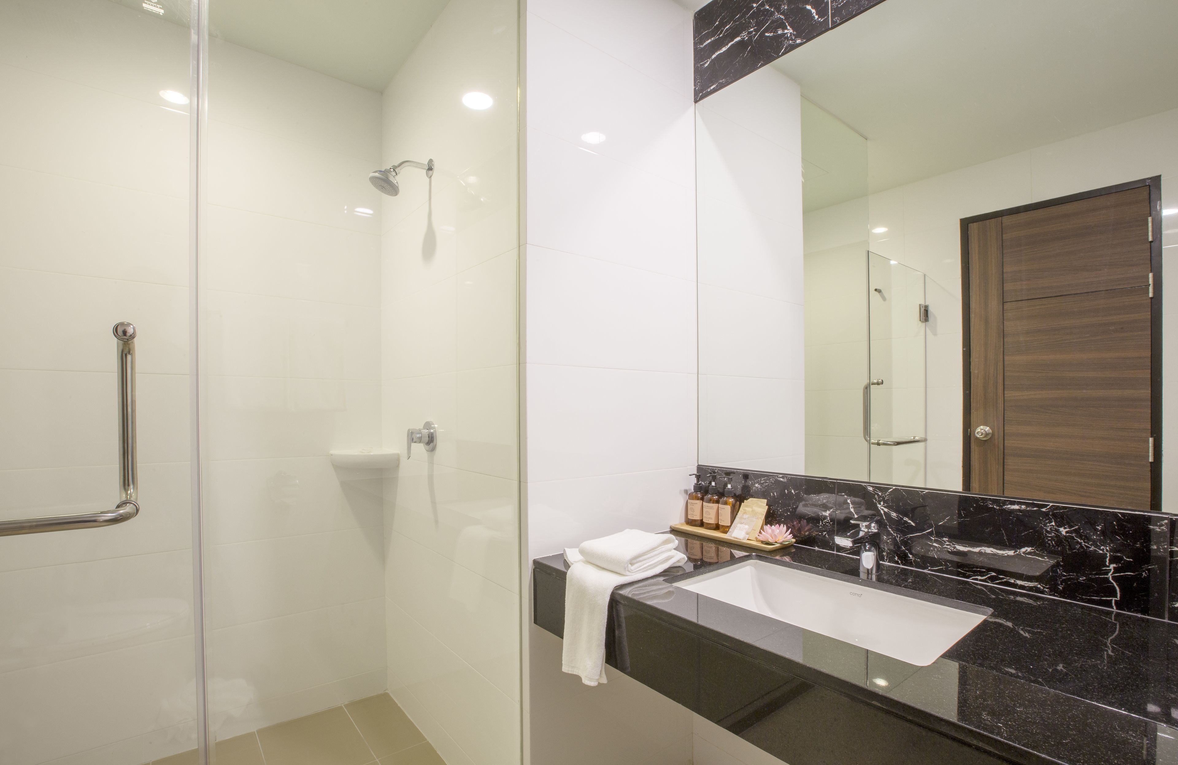 A modern bathroom with a glass shower enclosure, a vanity with a black marble countertop, and a wooden door.