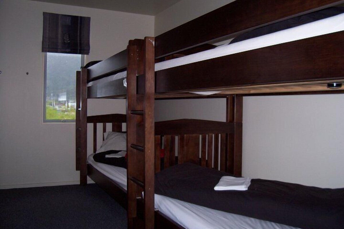 A bunk bed room with a window, a door, and a carpeted floor.