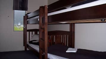 Une chambre avec un lit superposé, une fenêtre, une porte et un sol recouvert de moquette.