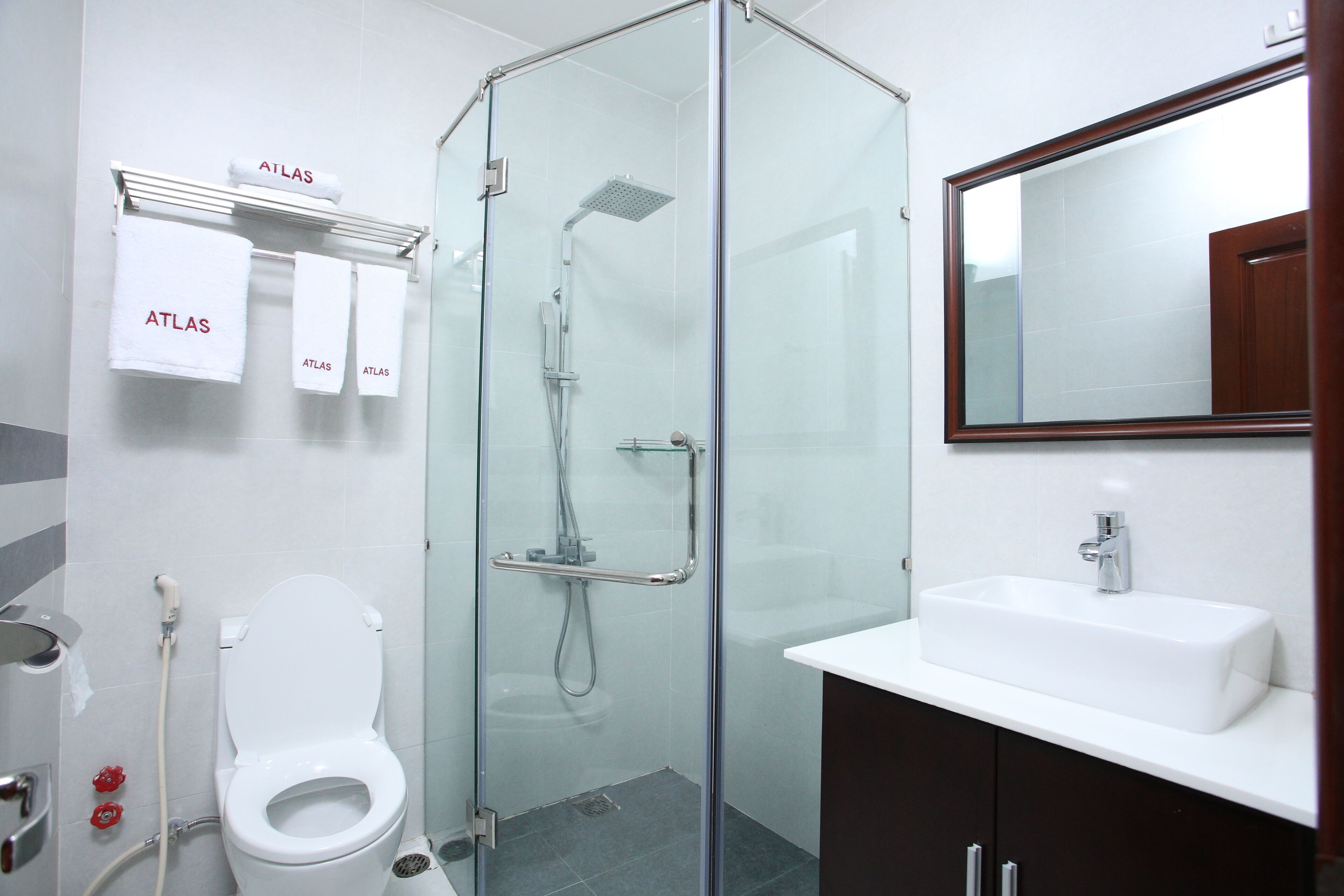 A modern bathroom with a glass-enclosed shower, a white sink, and a toilet.