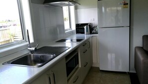 Full-sized fridge, microwave, oven, stovetop