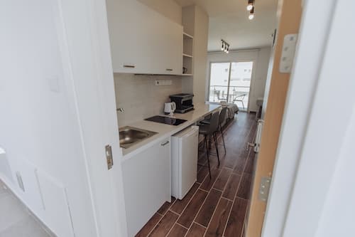Studio Deluxe | Cuisine privée | Réfrigérateur, plaque de cuisson, cafetière/bouilloire