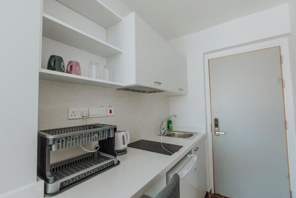 Una kitchenette compacta con lavavajillas integrado, hervidor y pileta con grifo.