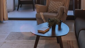 A living room with a view of the sea at sunset, a sofa, a chair, and a small table with a book and a plant. - Apartments Kuce Lekovica snack bar- Bistro & Beach  (Bar)