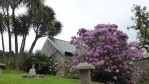 A stone building with a sloped roof, surrounded by lush greenery and a flowering tree. - Tregondale Manor Farm (Liskeard)