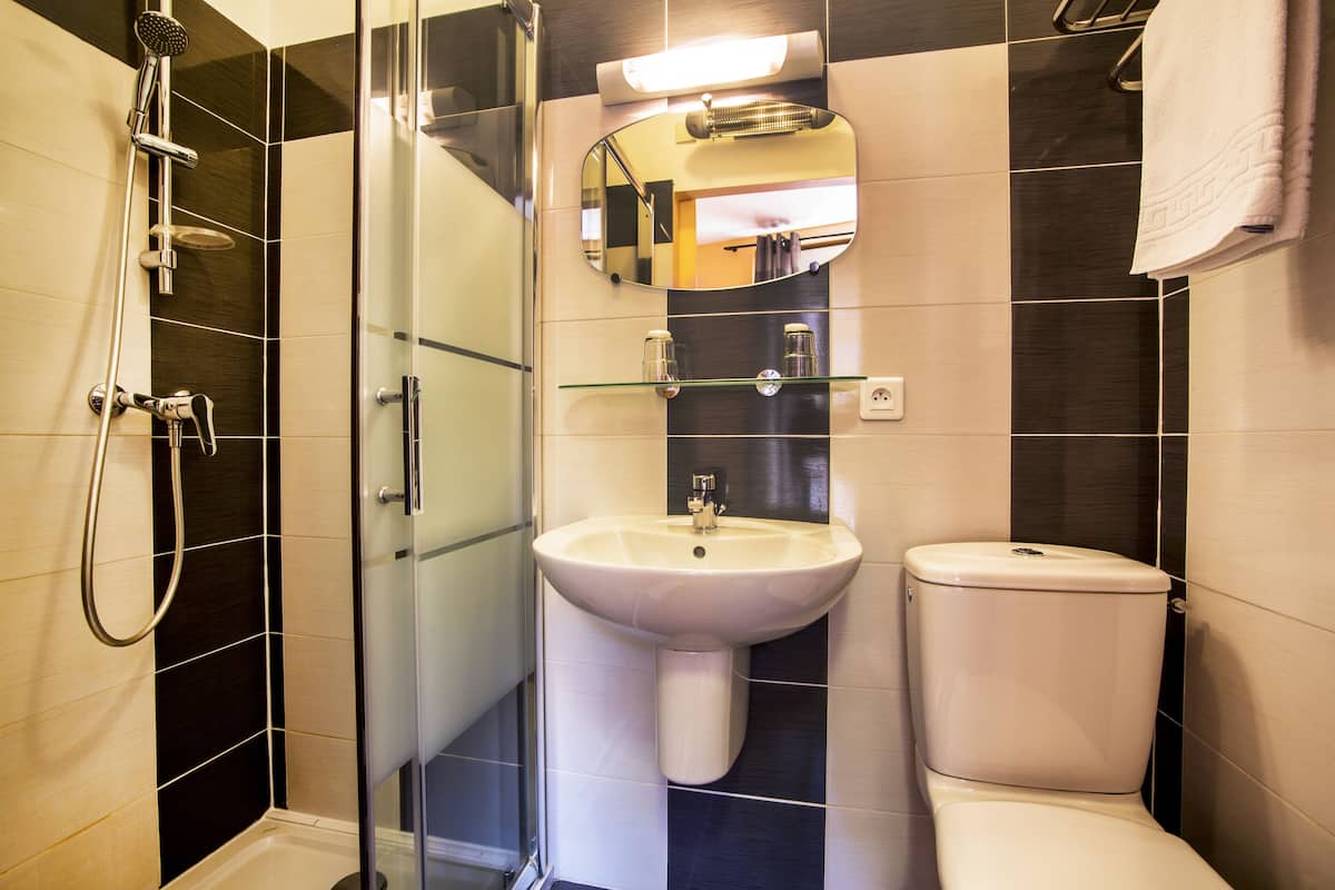twin room | bathroom | shower, free toiletries, hair dryer, towels