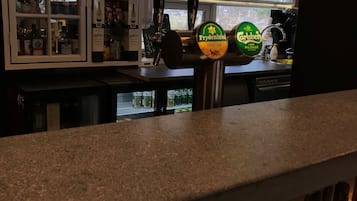 A bar area with a counter, a window with a view of trees, and a shelf with bottles.