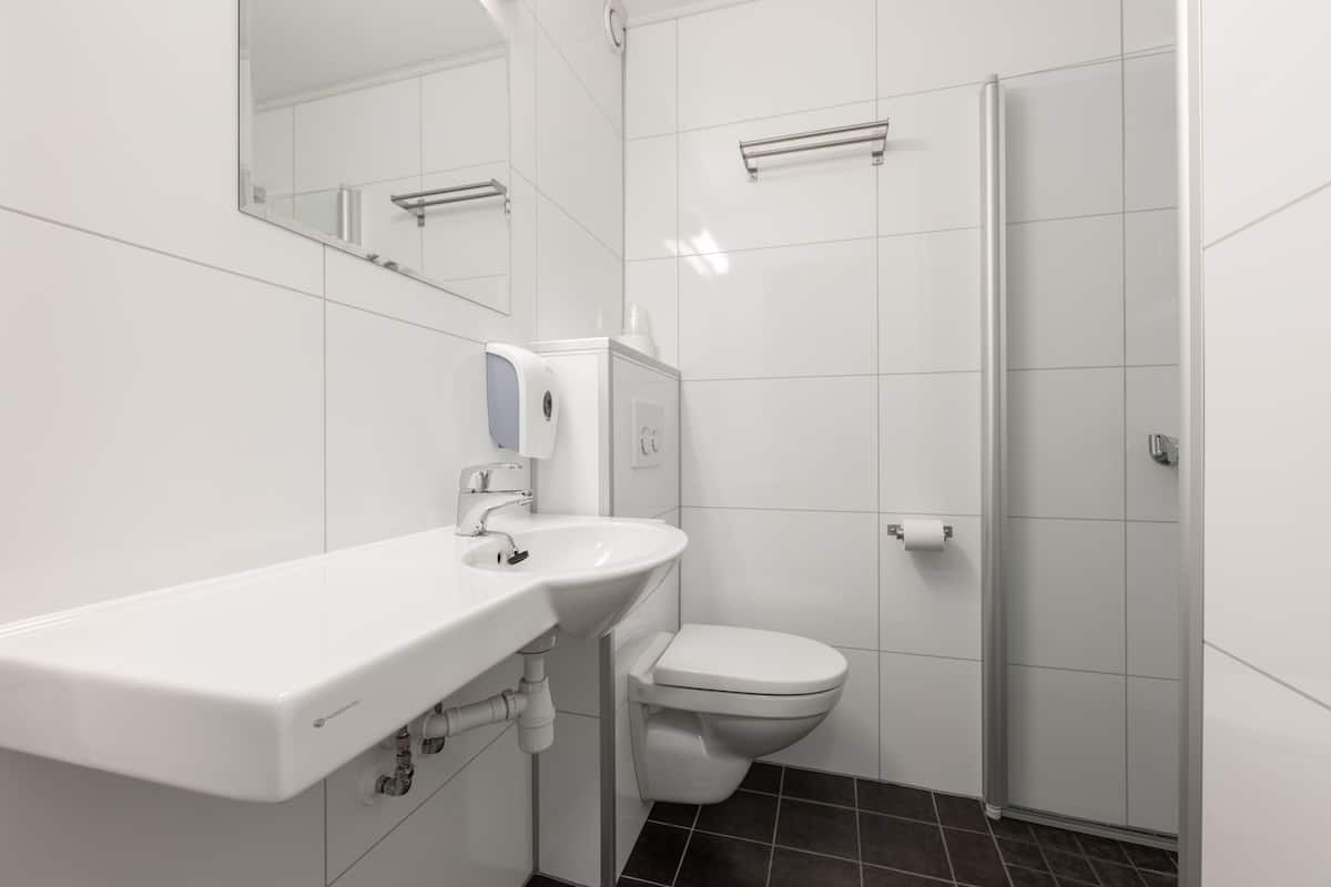 Habitación individual | Baño | Ducha, secador de pelo y toallas