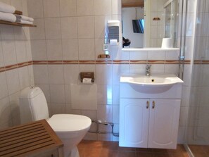 A bathroom with a toilet, sink, and mirror. - Tössestugan Herrgårdshotell (Tösse)