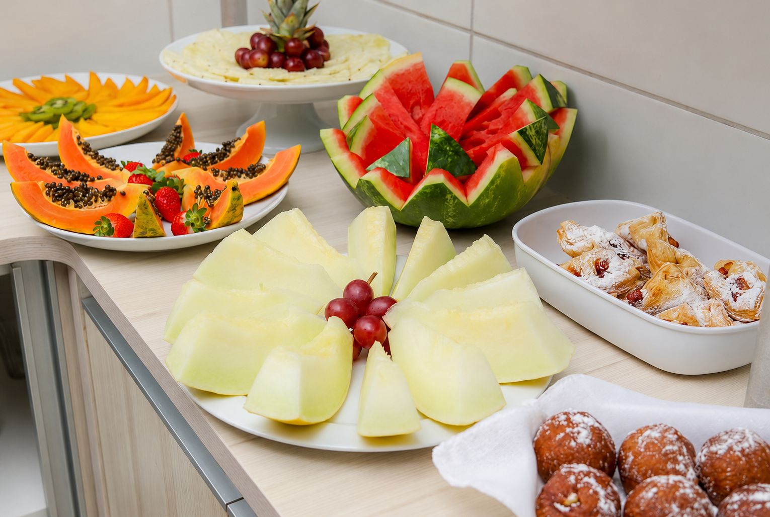 Una variedad de frutas y pasteles sobre una mesa.