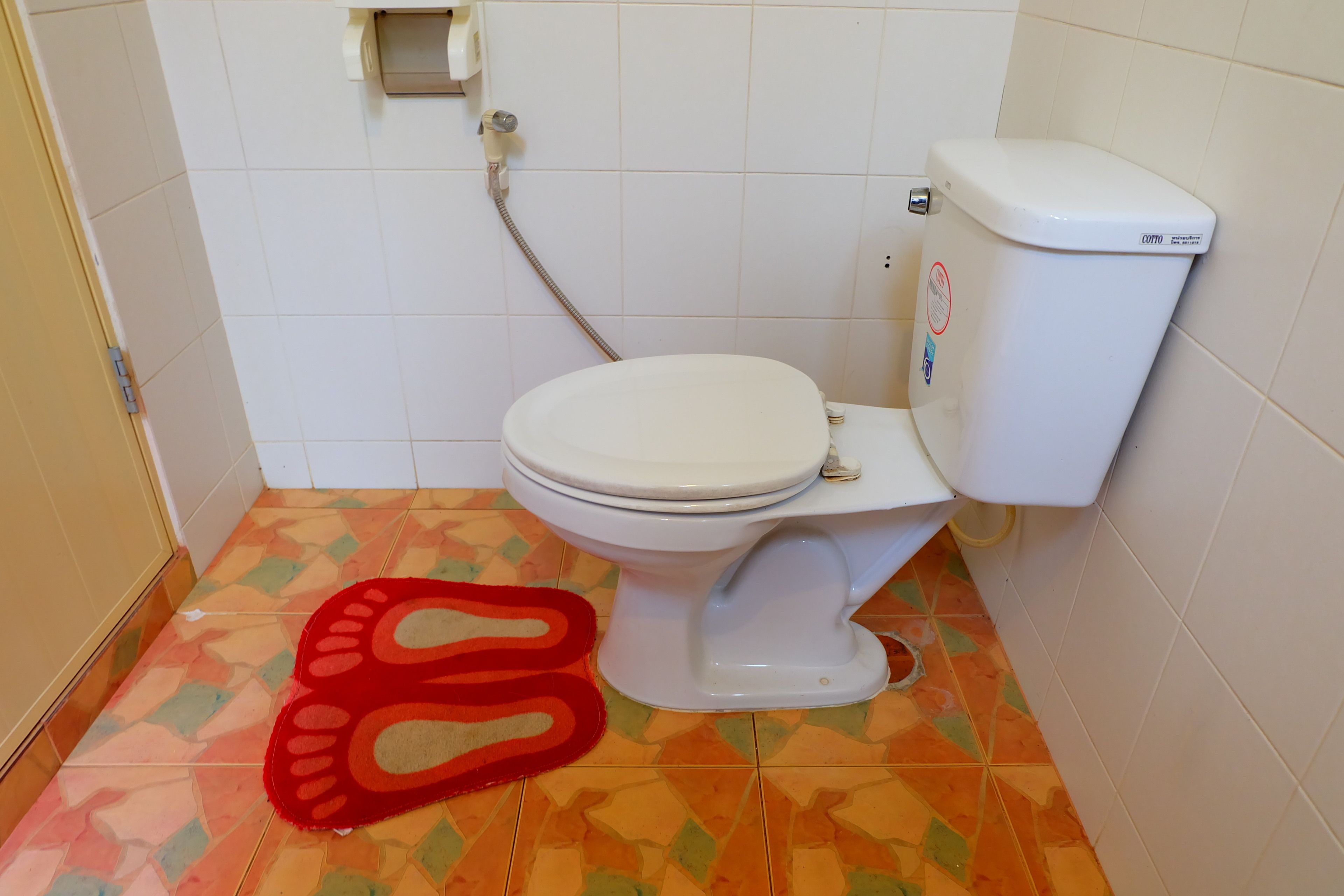 A bathroom with a toilet, a shower hose, and a colorful floor mat.