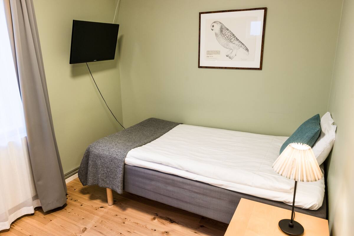 A small, neatly arranged bedroom with a bed, a bedside table, a lamp, a framed bird illustration, and a mounted television.