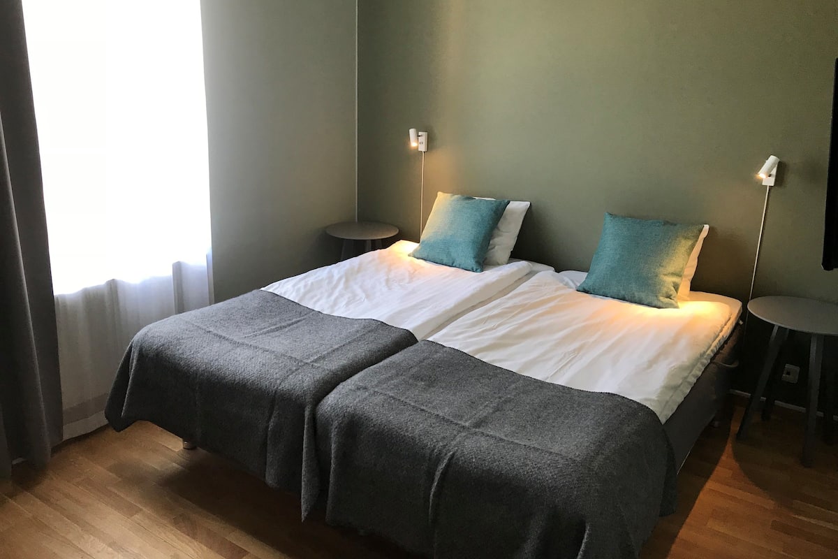 A double bed with two pillows, a bedside table, and a wall-mounted lamp in a room with wooden flooring and a green wall.