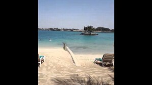 Uma praia com águas cristalinas, uma costa arenosa e uma pequena ilha com palmeiras à distância.