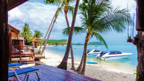 A wooden deck with lounge chairs, a view of a beach with boats, palm trees, and a clear sky. - Bangrak Pier Bungalow (Koh Samui)