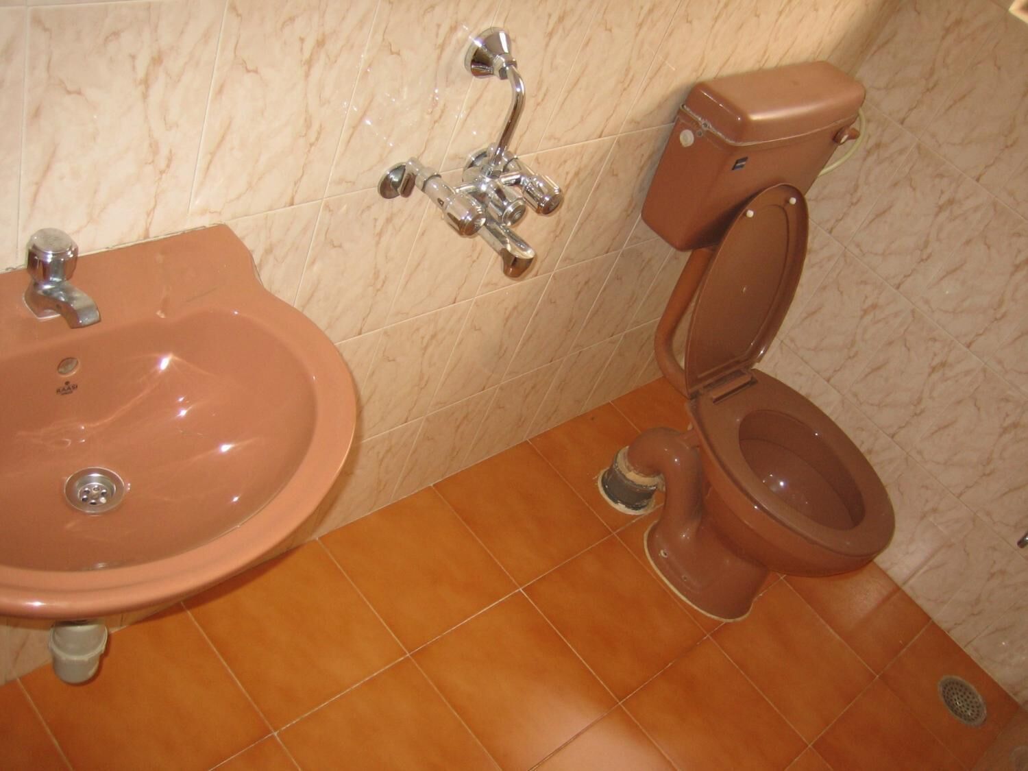 Un baño con lavamanos, inodoro y ducha.