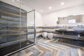 Shower, hair dryer, bidet, towels