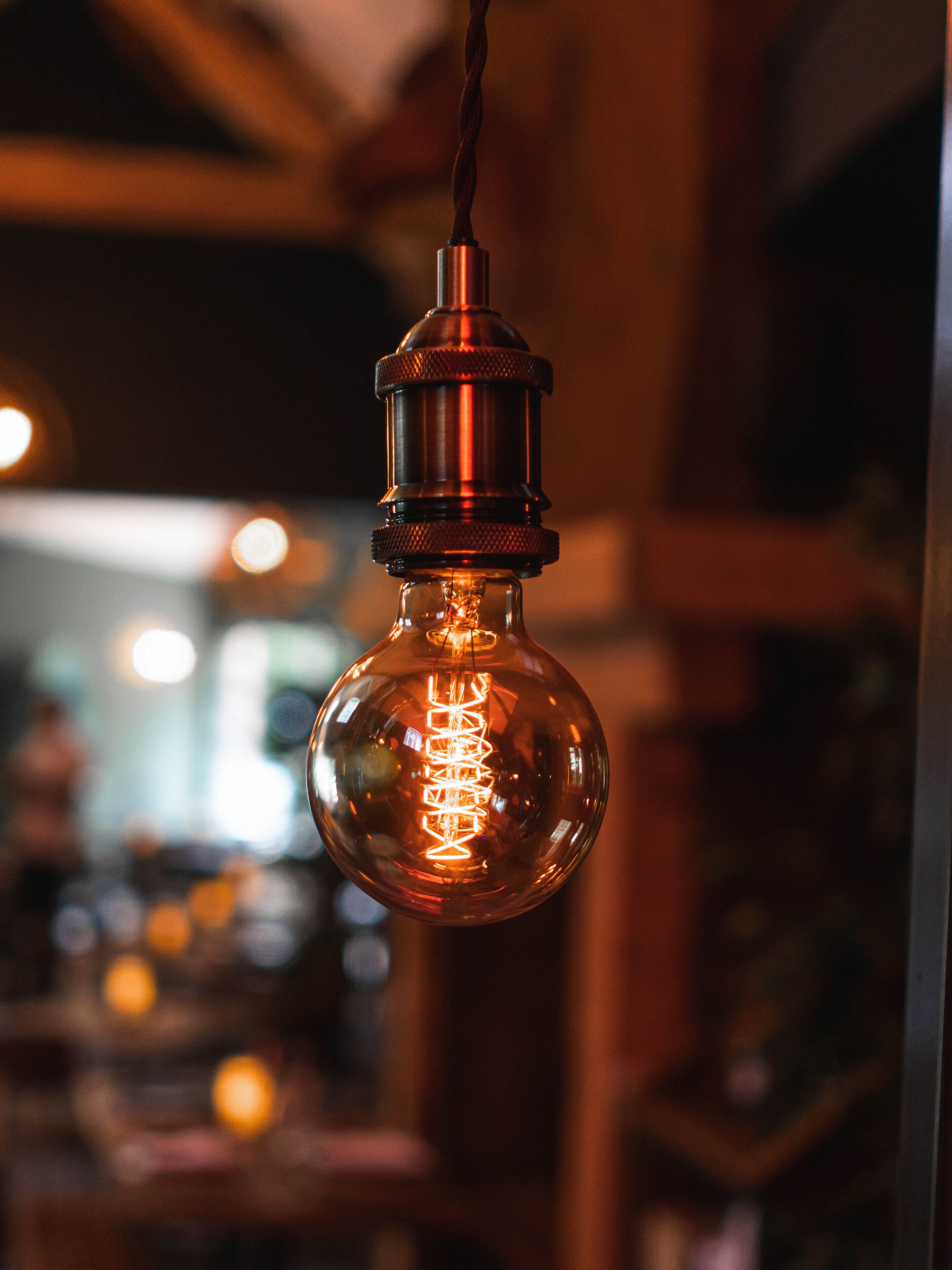 A hanging light bulb with a visible filament.