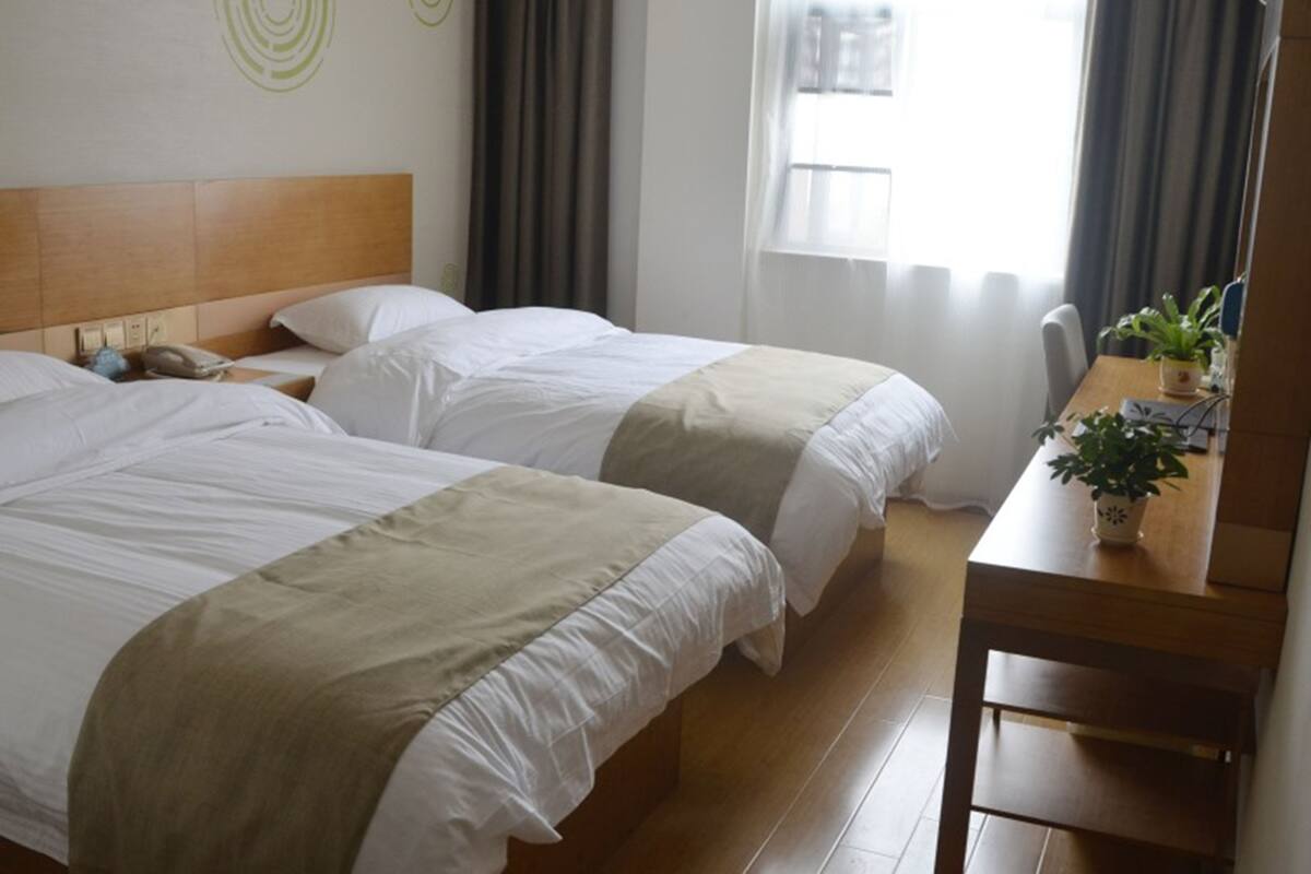 A hotel room with two beds, a wooden headboard, a bedside table with a phone, a small table with a plant, and a window with curtains.