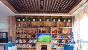 Un salon comprenant un téléviseur, des canapés, une table basse et des étagères où sont exposés des trophées et des objets décoratifs.