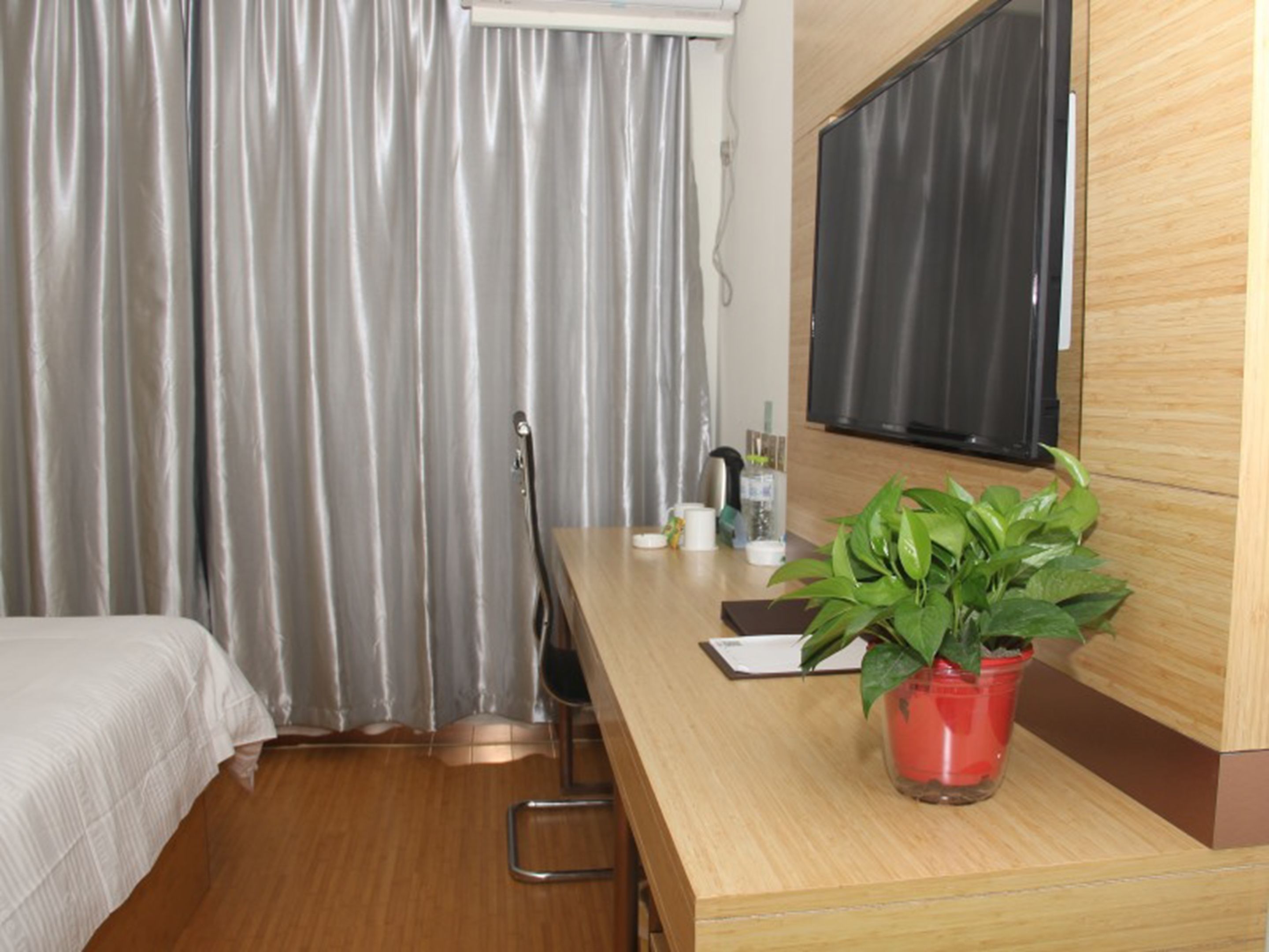 Une chambre d’hôtel avec un lit, un bureau en bois, une télévision, une plante en pot et un espace douche.