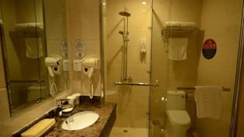 Shower, free toiletries, hair dryer, slippers