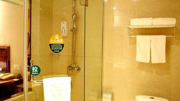 Shower, free toiletries, hair dryer, slippers