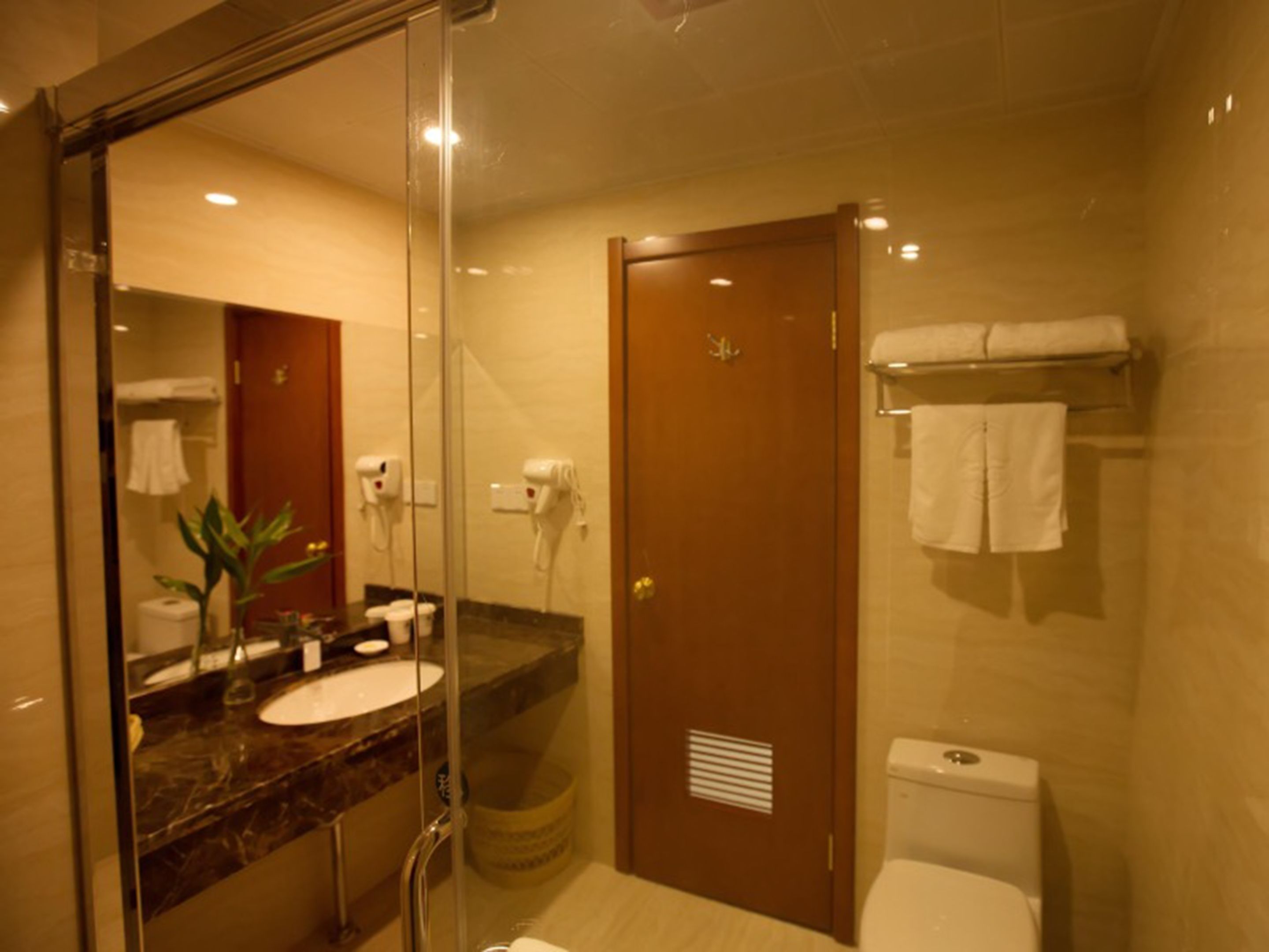 A modern bathroom with a glass shower enclosure, a marble sink, and a toilet.