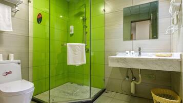 Shower, free toiletries, hair dryer, slippers