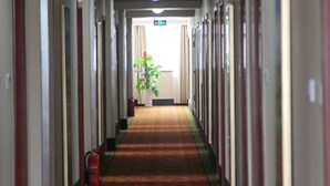 A long, narrow hallway with doors on both sides, leading to individual rooms. There is a potted plant and a fire extinguisher on the left side. - GreenTree Inn XuZhou PiZhou Dayunhe Decorative city  PiXin N Road Express Hotel (Xuzhou)