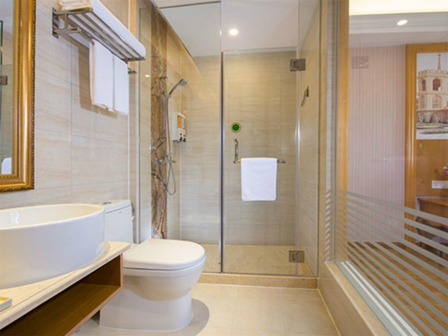 Shower, free toiletries, hair dryer, slippers