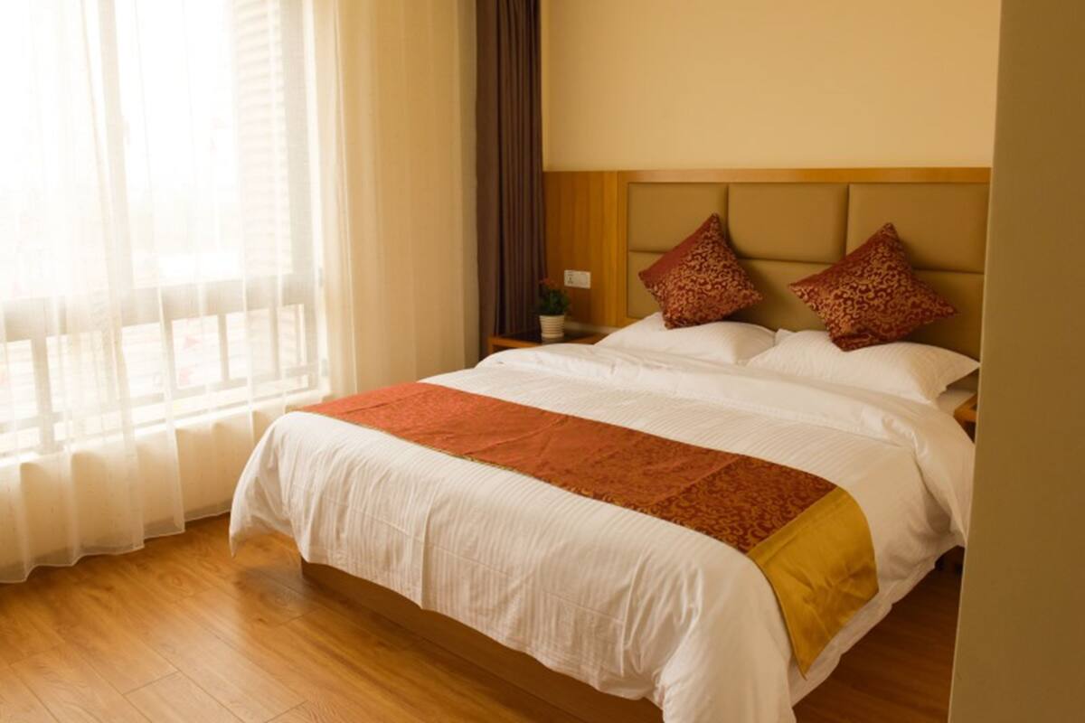 A hotel room with a large bed, a nightstand, a potted plant, and a window with sheer curtains.