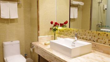 Shower, free toiletries, hair dryer, slippers