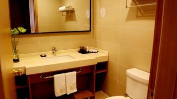 Shower, free toiletries, hair dryer, slippers