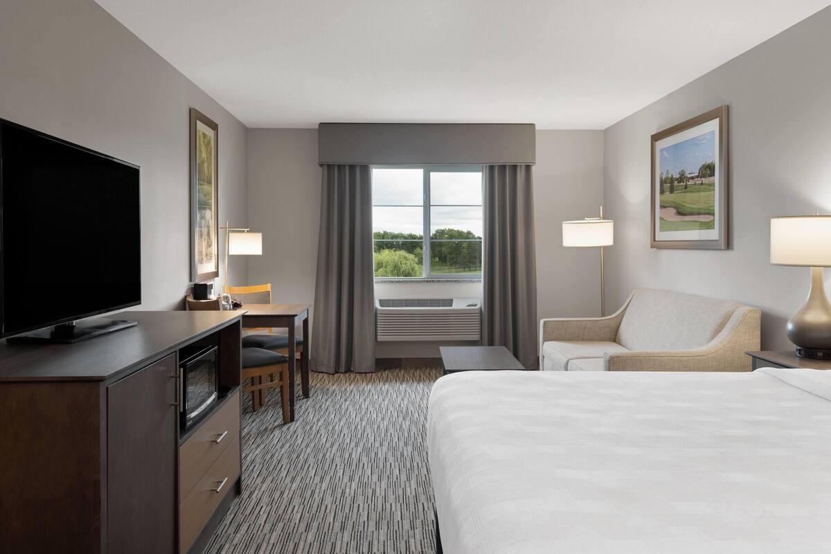 Habitación de hotel con cama, escritorio con silla, televisión, ventana con cortinas y lámpara.