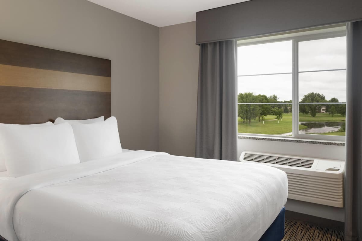 Habitación de hotel con una cama grande, vistas a un parque y una ventana con cortinas.
