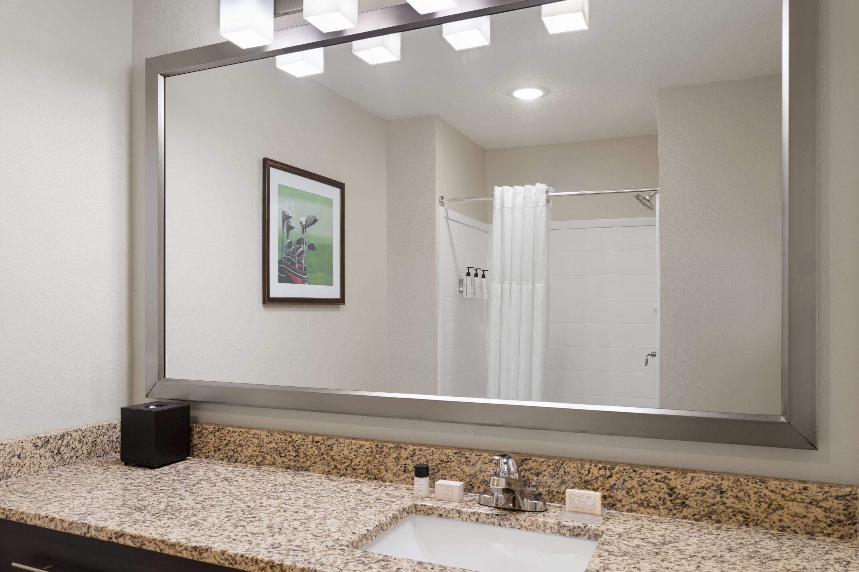 A bathroom with a granite countertop, a sink, a large mirror, and a framed picture on the wall.