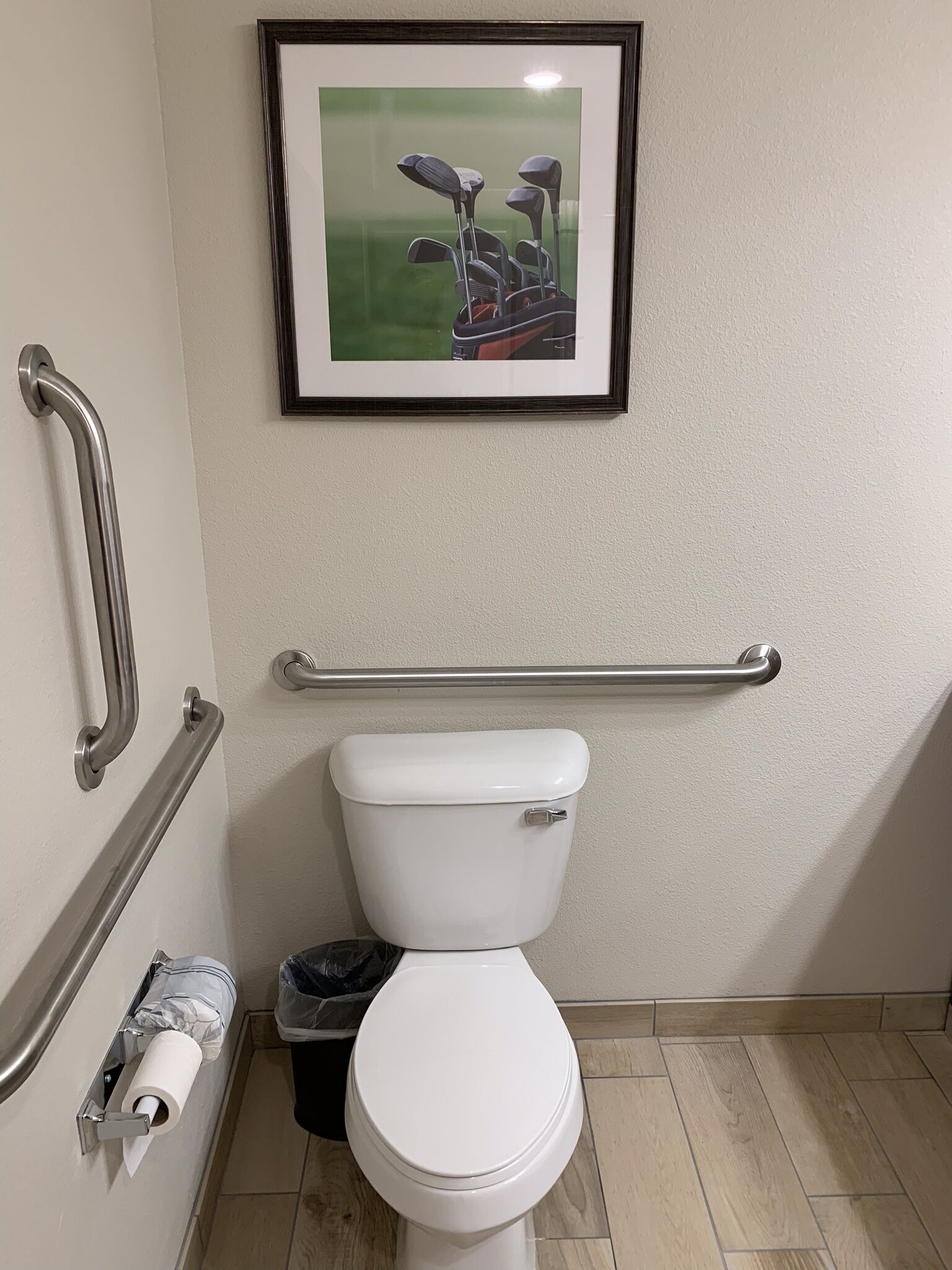 Un bagno con il water bianco, un quadro con mazze da golf appeso al muro e una barra di sostegno installata.