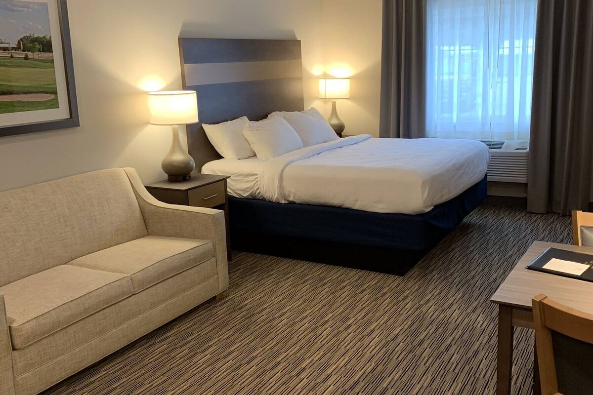 suite, 1 king bed with sofa bed (extended stay studio) | desk, laptop workspace, blackout curtains, iron/ironing board