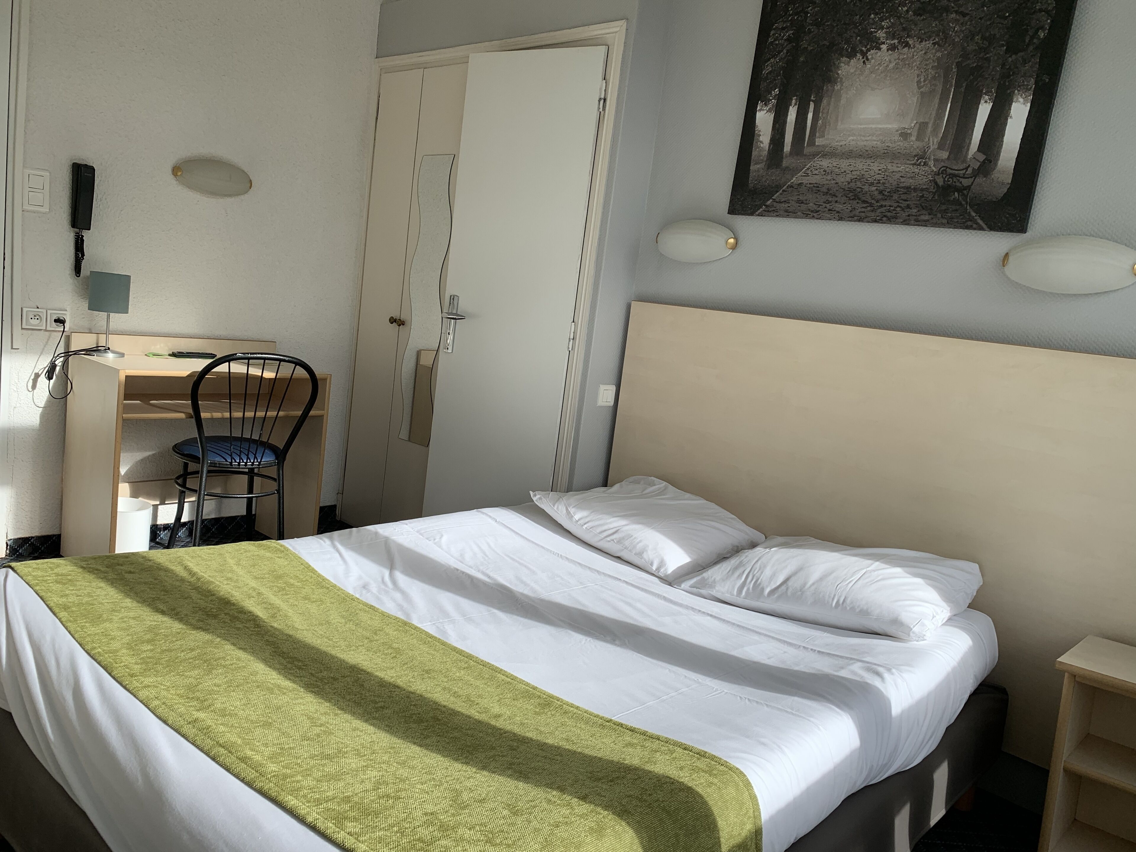 A neatly made bed with white linens and a green throw blanket, a desk with a chair, a wall-mounted lamp, and a framed picture of a tree-lined path.