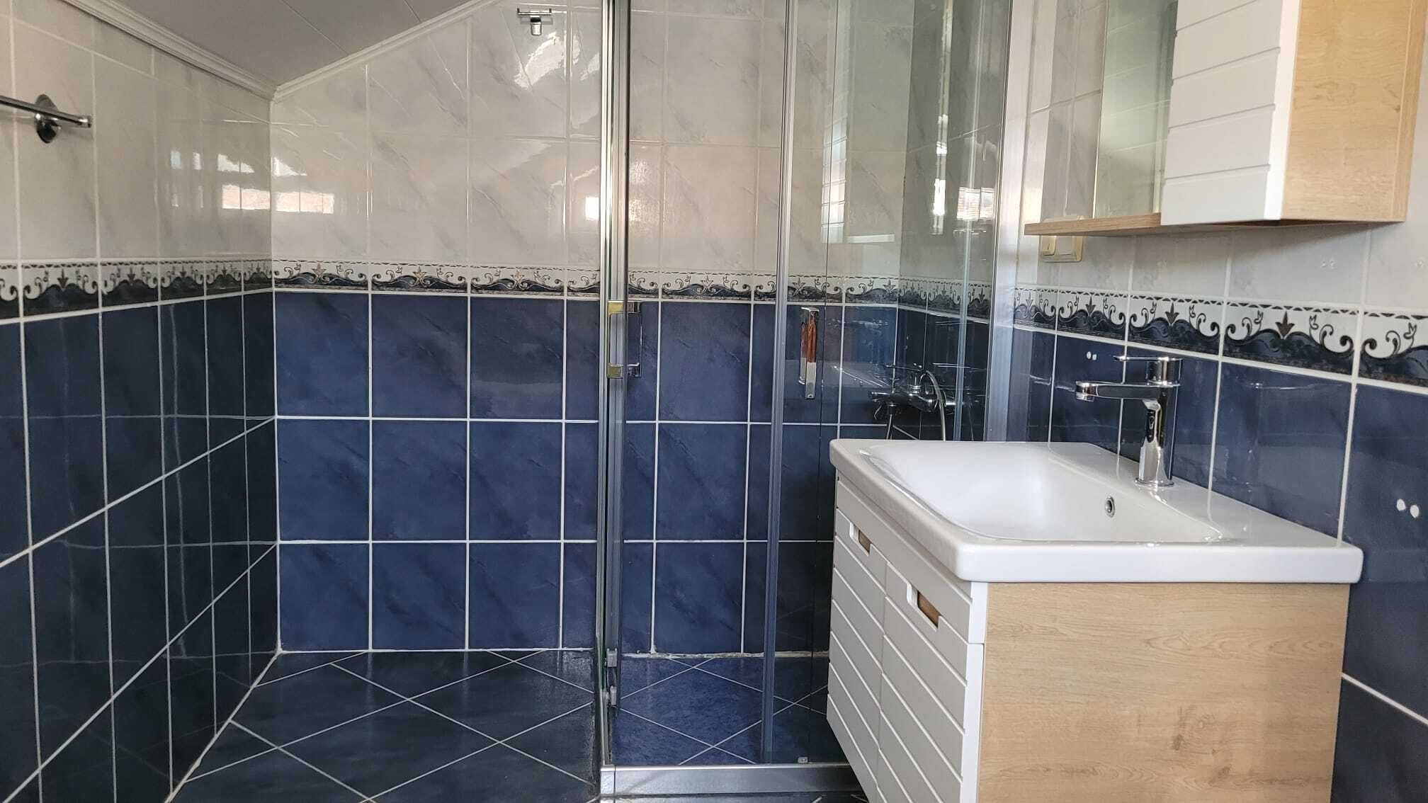 Een badkamer met een douchecabine van glas, een witte wastafel en een houten wastafelmeubel.