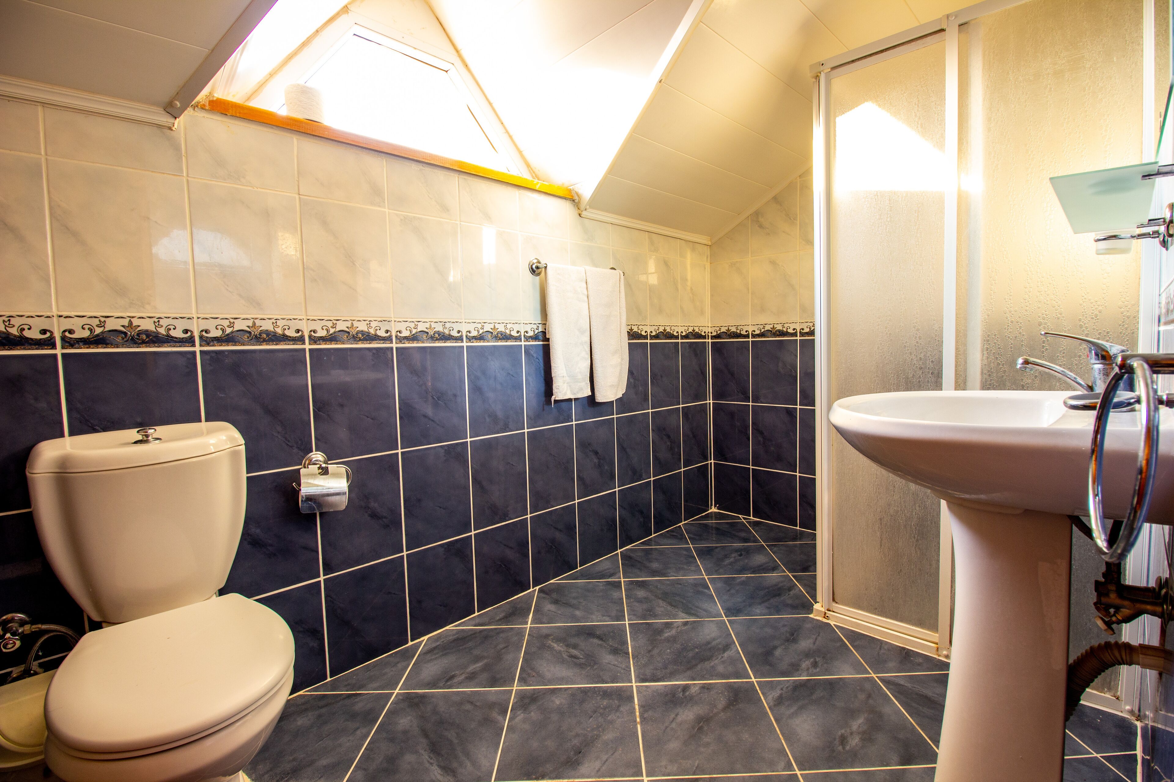 A bathroom with a toilet, sink, and shower.