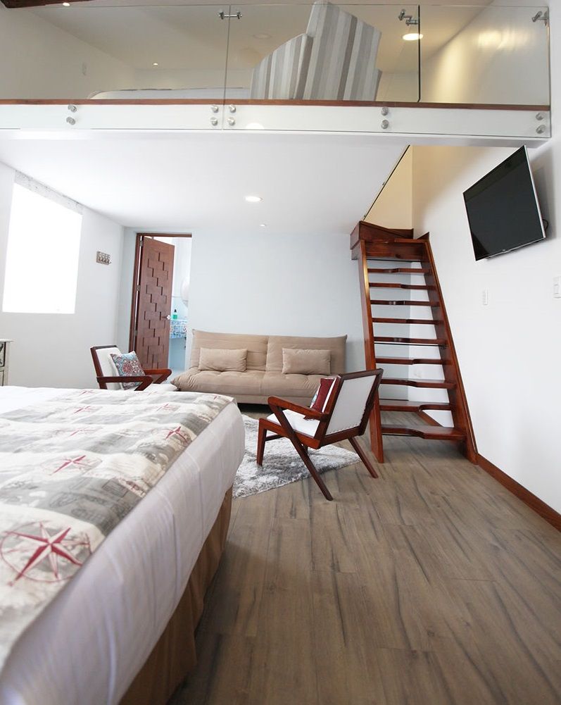 Un dormitorio con una cama, un sofá, una silla, un televisor y una escalera.
