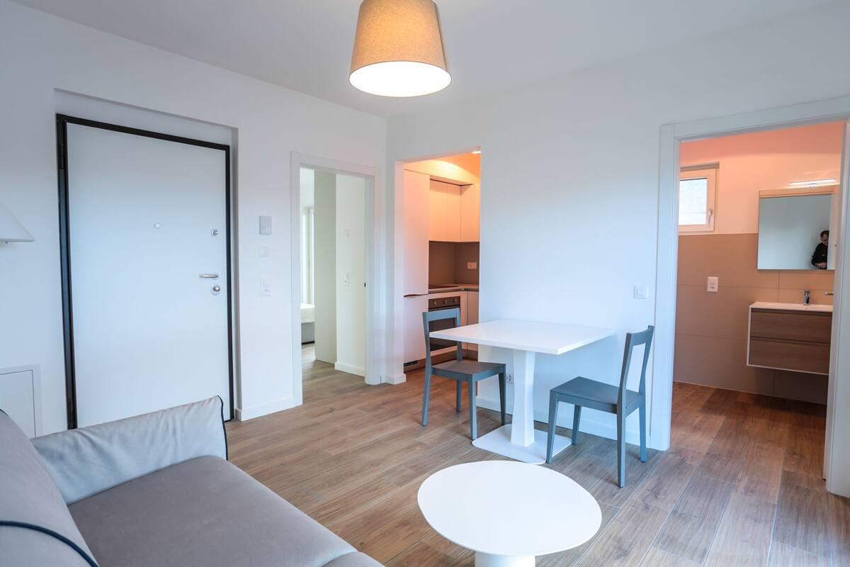 A modern apartment with a living room, a dining area, and a kitchen.