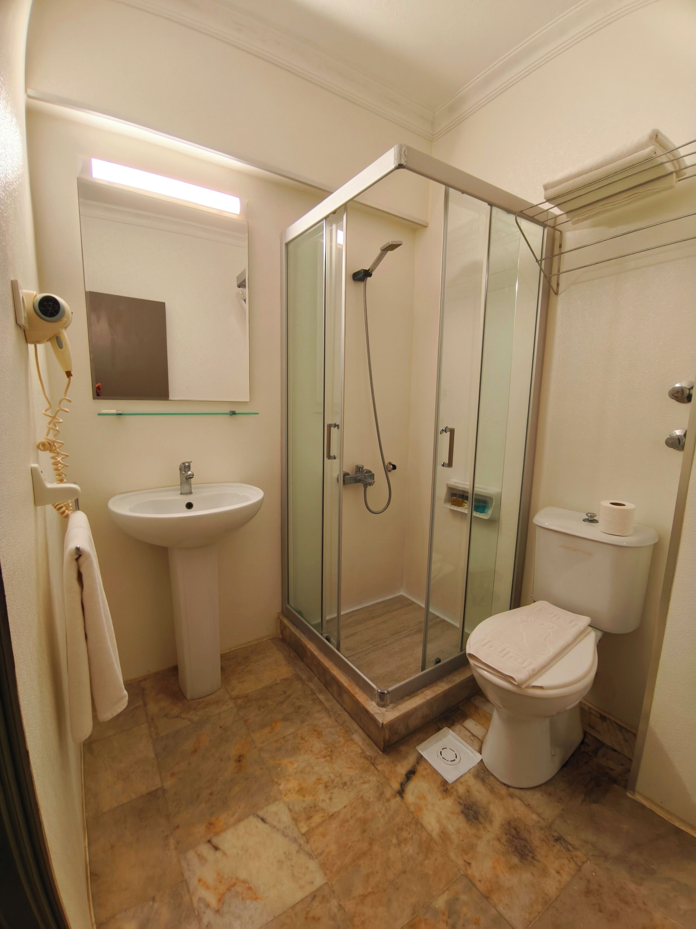 A bathroom with a glass-enclosed shower, a sink, a toilet, and a towel rack.