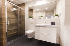Shower, pengering rambut, handuk, dan tisu toilet