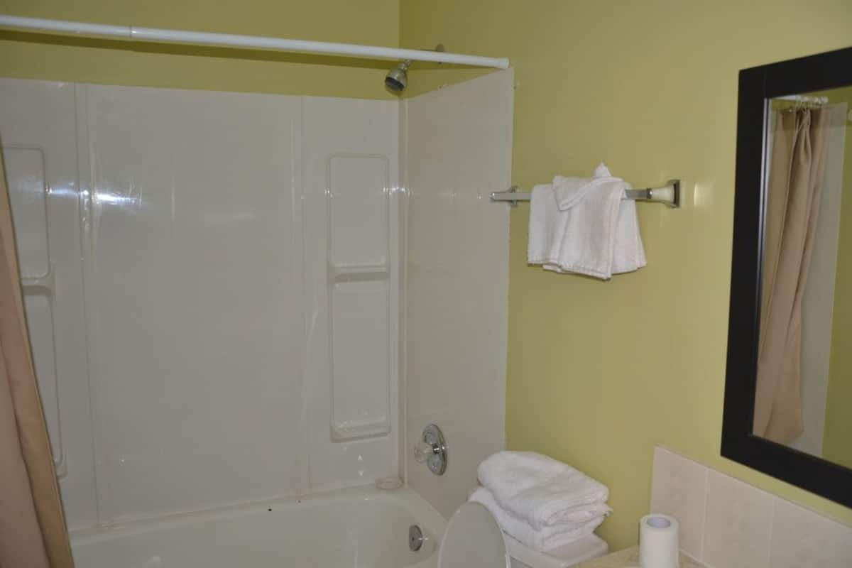 Un baño con bañera, inodoro y espejo.