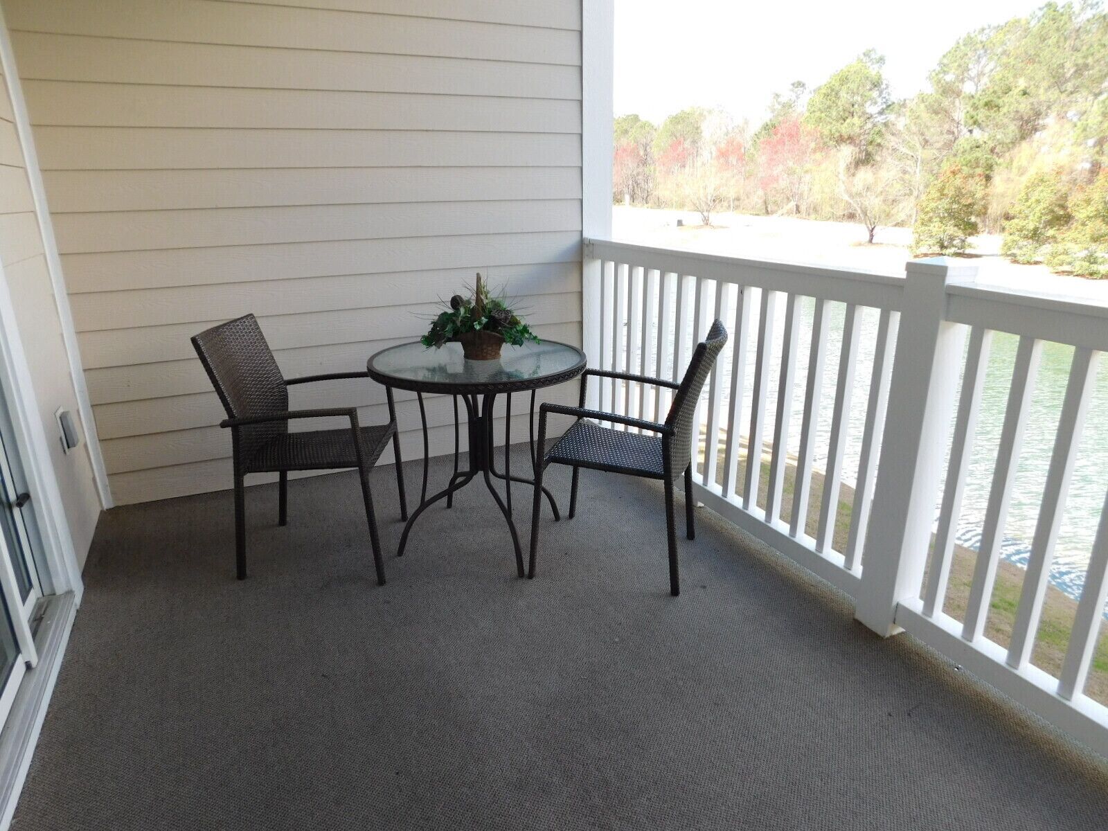 A covered patio with a round table and two chairs, a potted plant, and a view of trees and water.